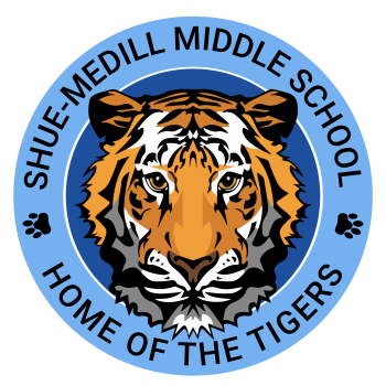 Light blue circle with tiger centered with black writing Shue-Medill Middle School Home Of The Tigers.